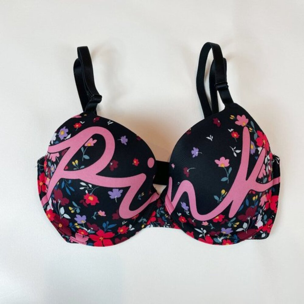 NWOT Victoria's Secret PINK Bra 32DD Wear Everywhere T-Shirt Black Floral Logo